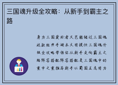 三国魂升级全攻略：从新手到霸主之路