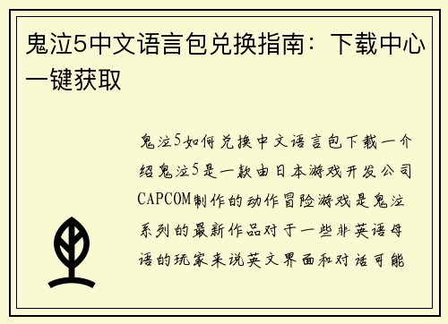 鬼泣5中文语言包兑换指南：下载中心一键获取