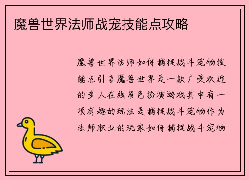 魔兽世界法师战宠技能点攻略